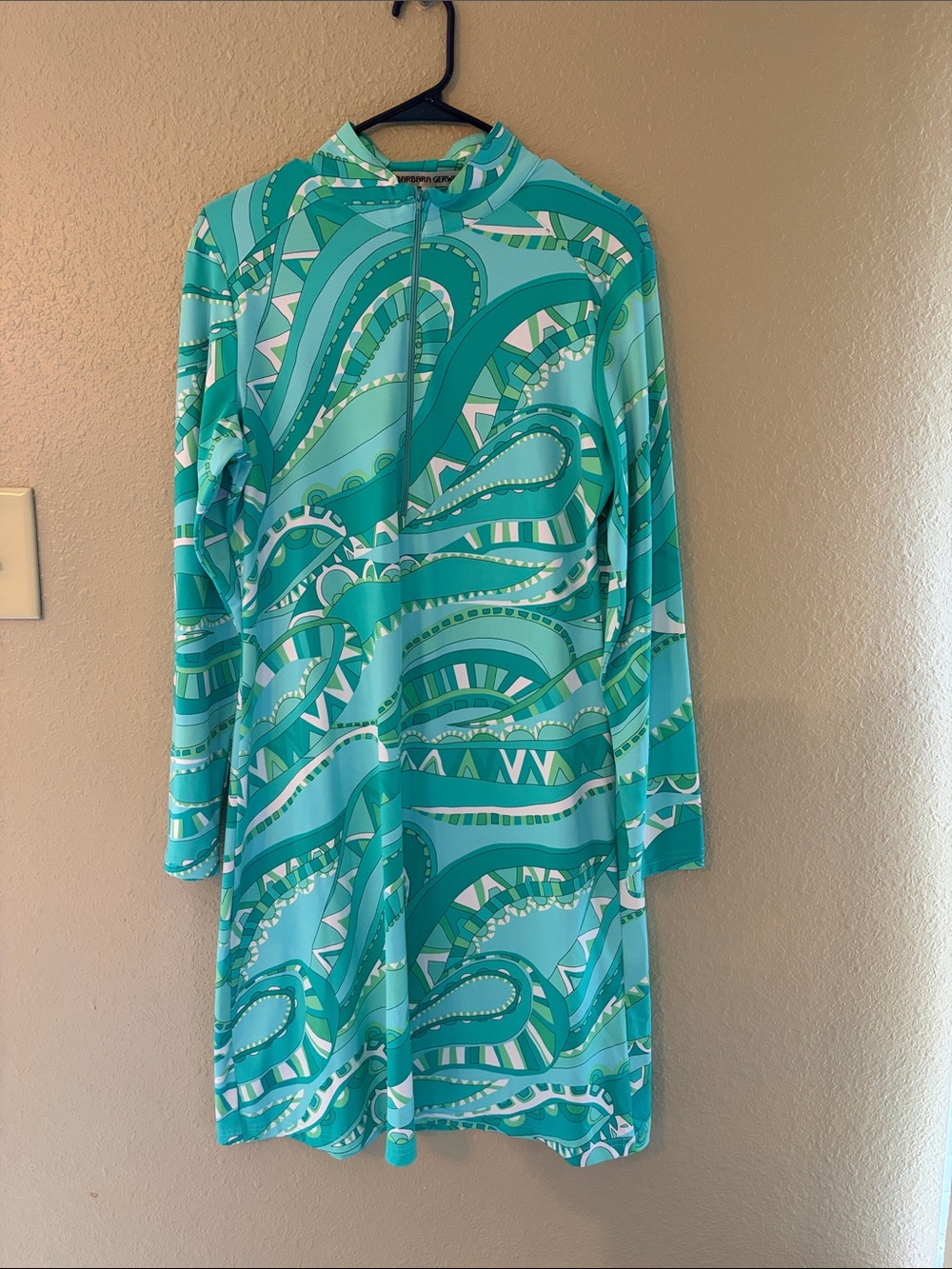Turquoise Wave-Print Long Sleeve Swim Cover-Up